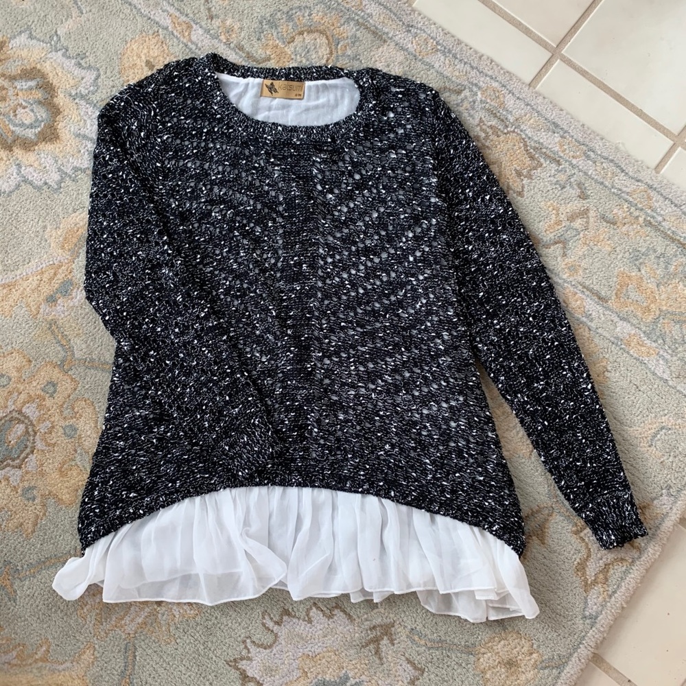 LF Black and White Ruffle Hem Sweater